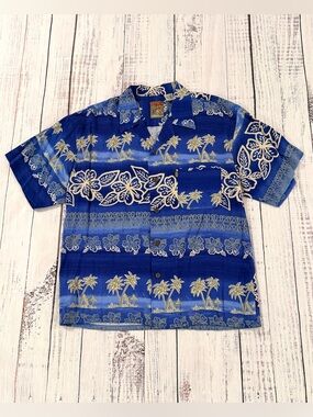 Vintage Pineapple Connection Womens L. Hawaiian Camp Shirt Blue Floral Rayon